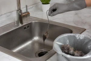 Mano con guante extrae restos del desagüe del fregadero usando un alambre doblado.