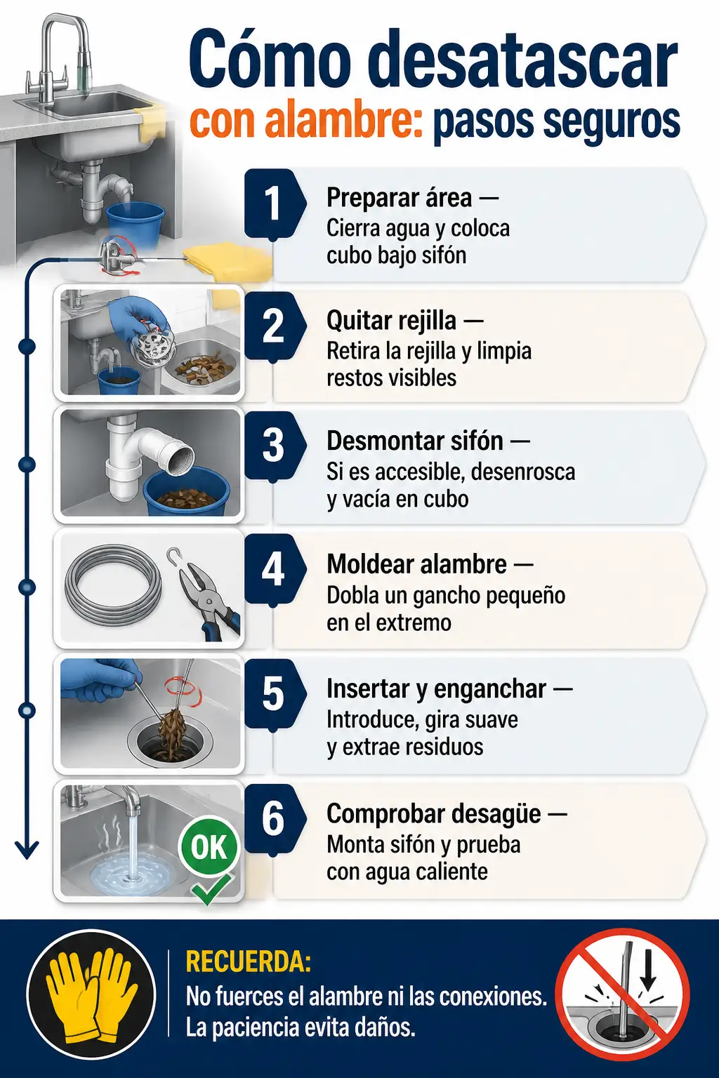 Cómo desatascar el fregadero con alambre de forma segura 2 Infografía vertical con seis pasos claros para desatascar un fregadero con alambre: preparar área, quitar rejilla, desmontar sifón, moldear alambre, insertar y enganchar residuos, y comprobar el desagüe; incluye recordatorio de precauciones (guantes y no forzar). Desatascar fregadero con alambre