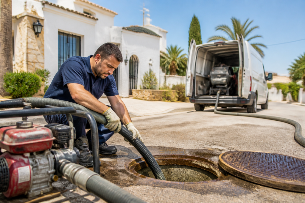 Remoción de sedimentos en fosas sépticas residenciales: guía práctica 1 Técnico junto a fosa séptica abierta con mangueras y bomba en una vivienda de la Costa Blanca.