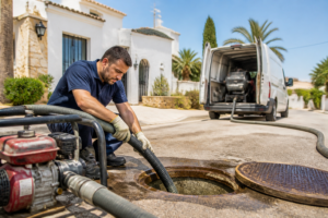 Técnico junto a fosa séptica abierta con mangueras y bomba en una vivienda de la Costa Blanca.