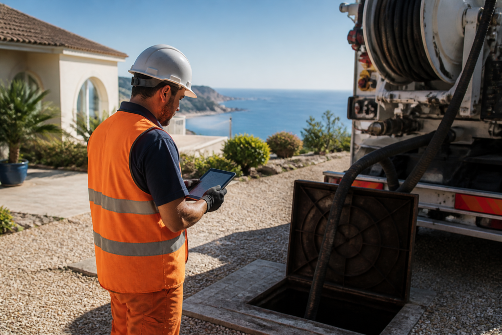 Técnico con casco y camión cisterna junto a una arqueta de fosa séptica en zona residencial de la Costa Blanca.