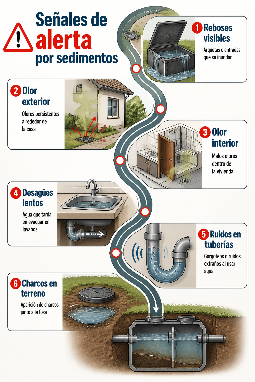 Remoción de sedimentos en fosas sépticas residenciales: guía práctica 2 Infografía tipo recorrido en S que muestra seis señales de alerta por sedimentos en fosas sépticas residenciales: reboses visibles, olor exterior, olor interior, desagües lentos, ruidos en tuberías y charcos en el terreno, cada una con un gráfico específico que ayuda al diagnóstico visual. Remoción de sedimentos en fosas sépticas residenciales