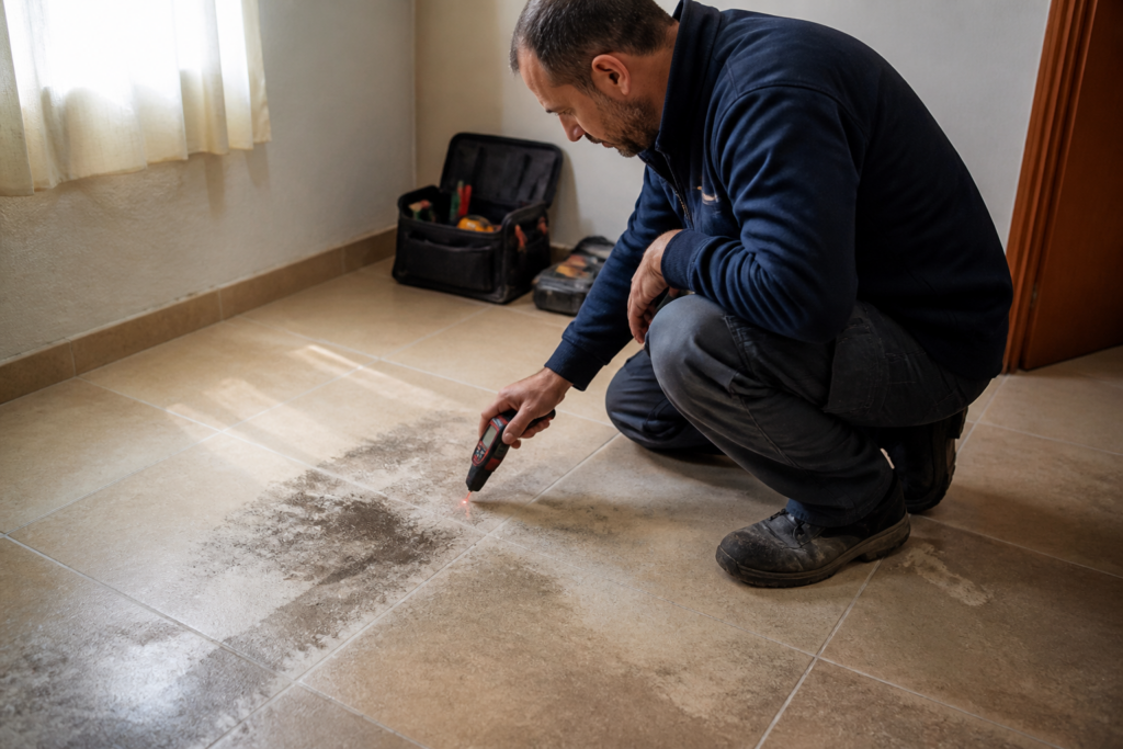 Señales de una fuga de agua bajo el suelo y qué hacer 1 Técnico con medidor de humedad inspeccionando azulejos manchados en un interior.