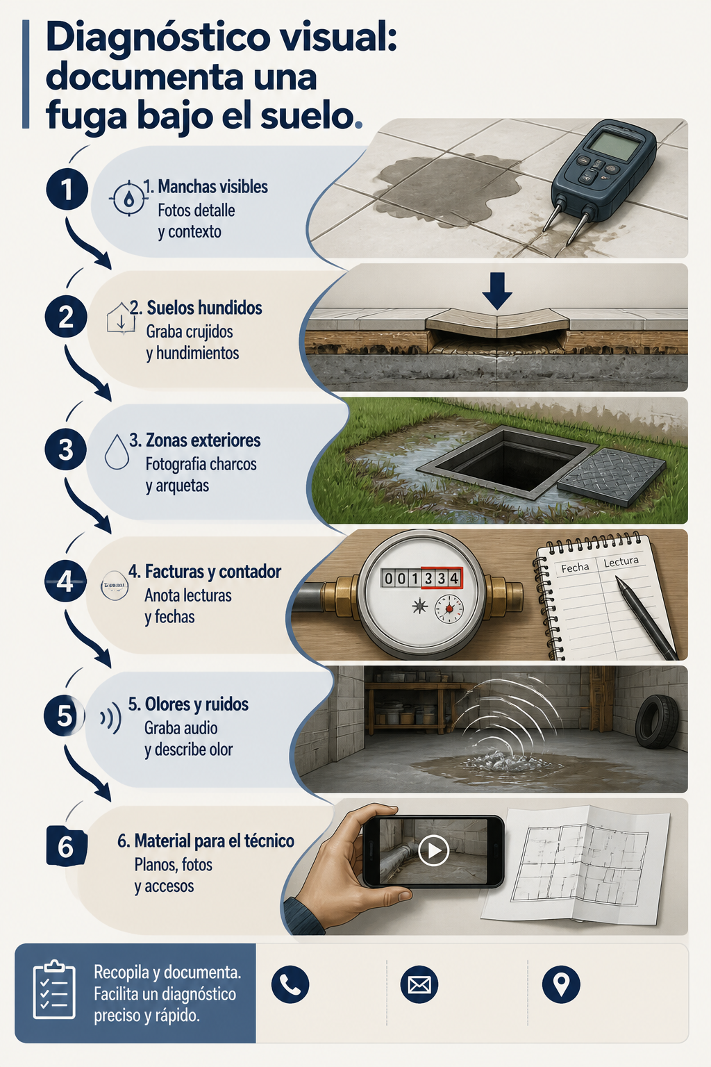 Señales de una fuga de agua bajo el suelo y qué hacer 2 Infografía que muestra seis comprobaciones visuales y de documentación para diagnosticar y preparar la inspección de una fuga de agua bajo el suelo, con pasos ordenados y elementos a fotografiar y anotar.