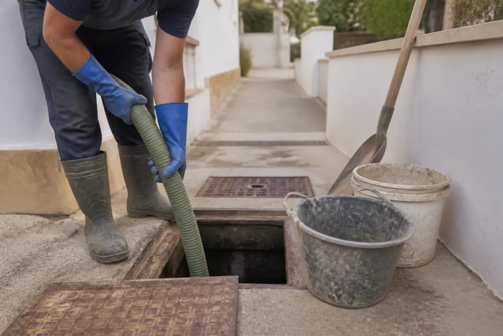 Operario con guantes y botas usando una manguera y cubo para desagotar un pozo ciego en una vivienda de la Costa Blanca.