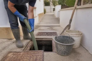 Operario con guantes y botas usando una manguera y cubo para desagotar un pozo ciego en una vivienda de la Costa Blanca.