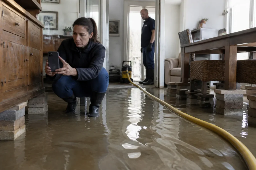 Inundación de casa: qué hacer y pasos inmediatos 1 Interior doméstico parcialmente inundado; persona hace fotos y técnico con bomba al fondo.