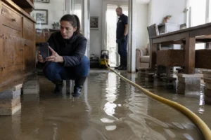 Interior doméstico parcialmente inundado; persona hace fotos y técnico con bomba al fondo.