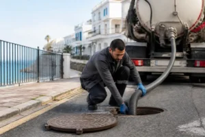 Técnico de desatascos usando camión cuba junto a una arqueta en una calle de la Costa Blanca.