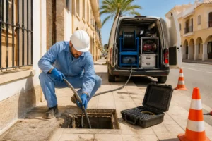 Técnico de desatascos trabajando con manguera de hidrolimpieza junto a una arqueta abierta en una calle de la Costa Blanca.