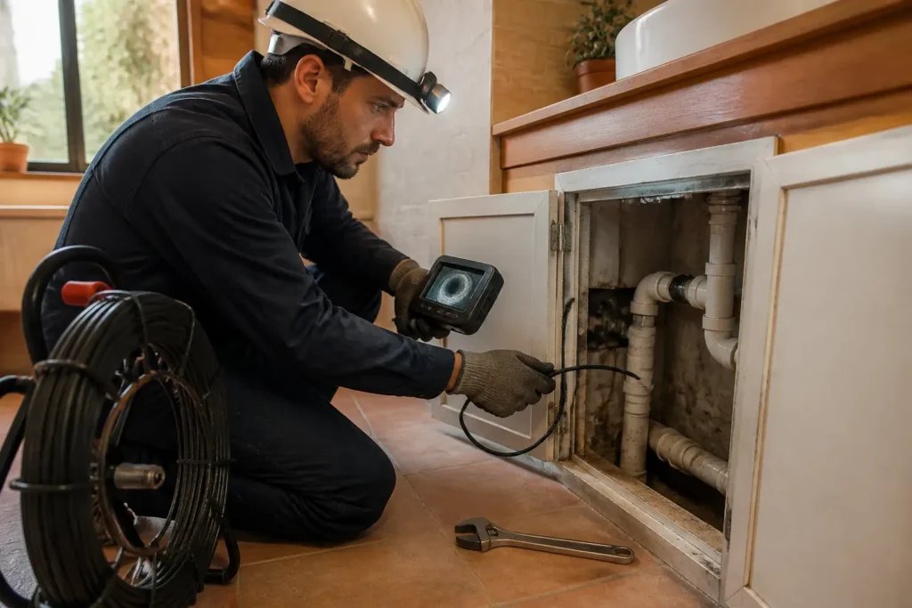 Técnico inspeccionando tuberías con cámara CCTV y manguera en vivienda de Alicante