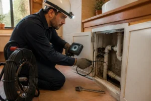 Técnico inspeccionando tuberías con cámara CCTV y manguera en vivienda de Alicante